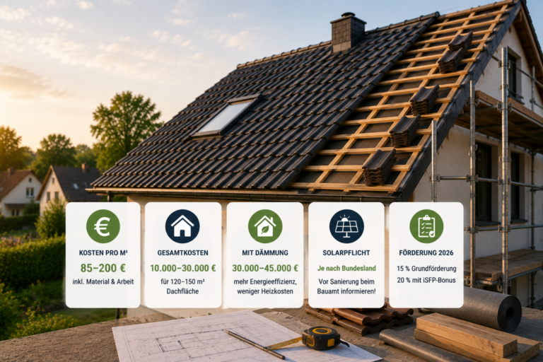 Dach neu decken Kosten 2026 – Übersicht Preise pro m², Rechenbeispiel und Solarpflicht