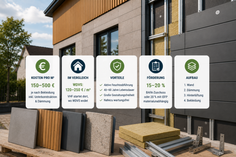 Vorgehängte hinterlüftete Fassade Kosten 2026 – Preise nach Bekleidungsmaterial im Vergleich zum WDVS